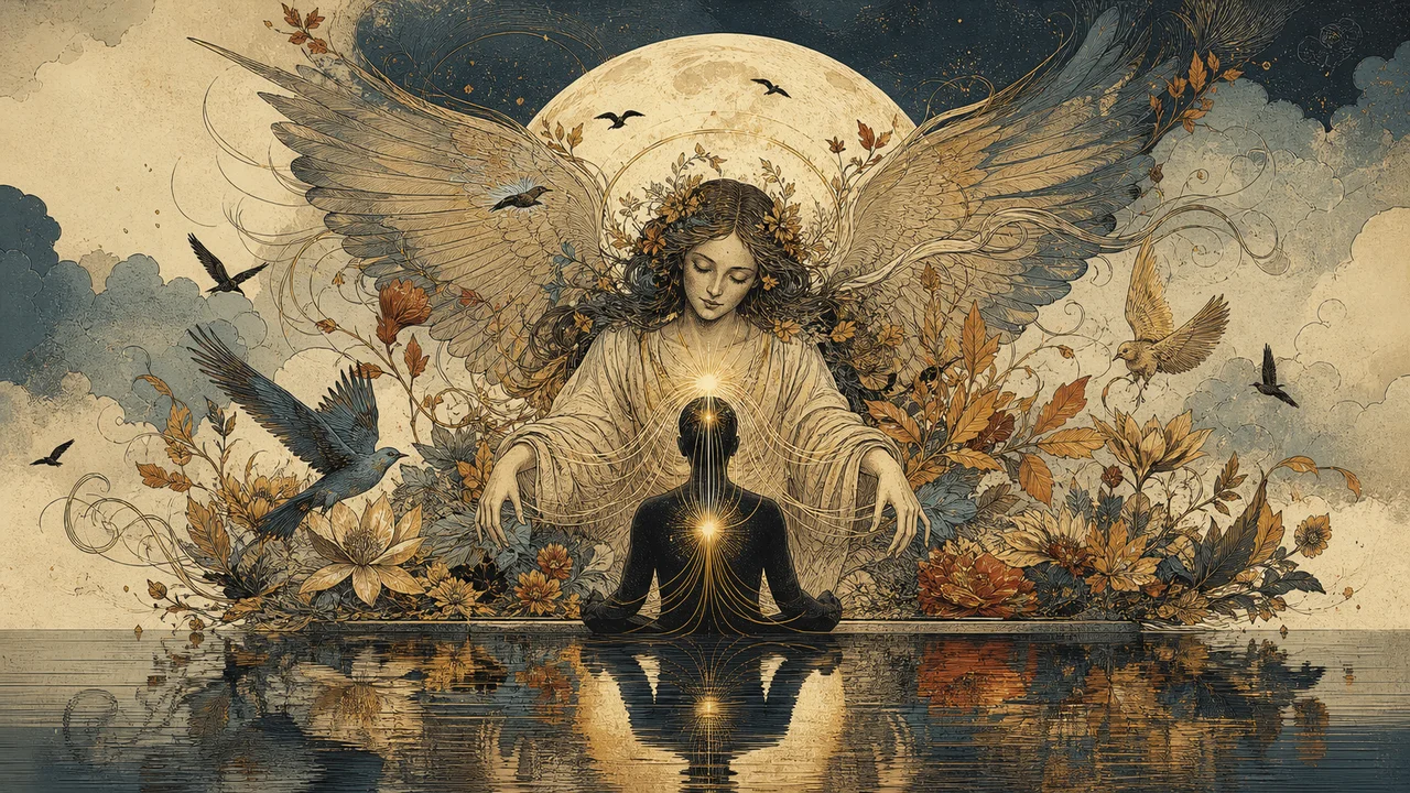 Arcángel Haniel entre flores, luz rosa y elementos ligados a la belleza y la armonía
