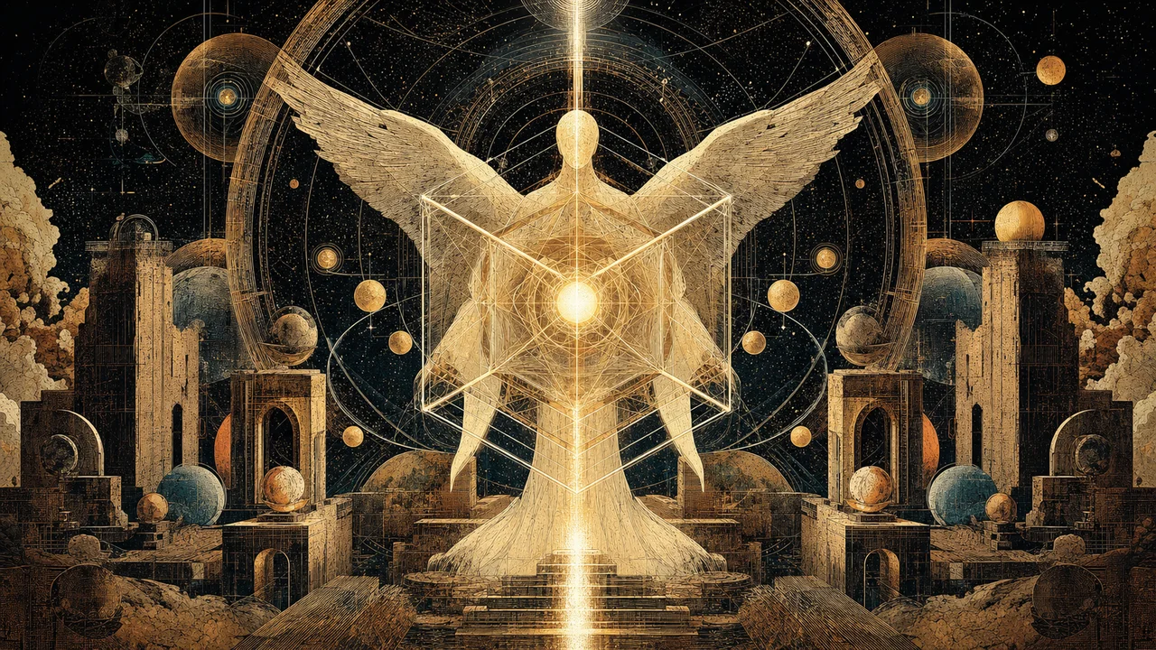 Arcángel Metatrón ante la luminosa geometría sagrada y los registros cósmicos