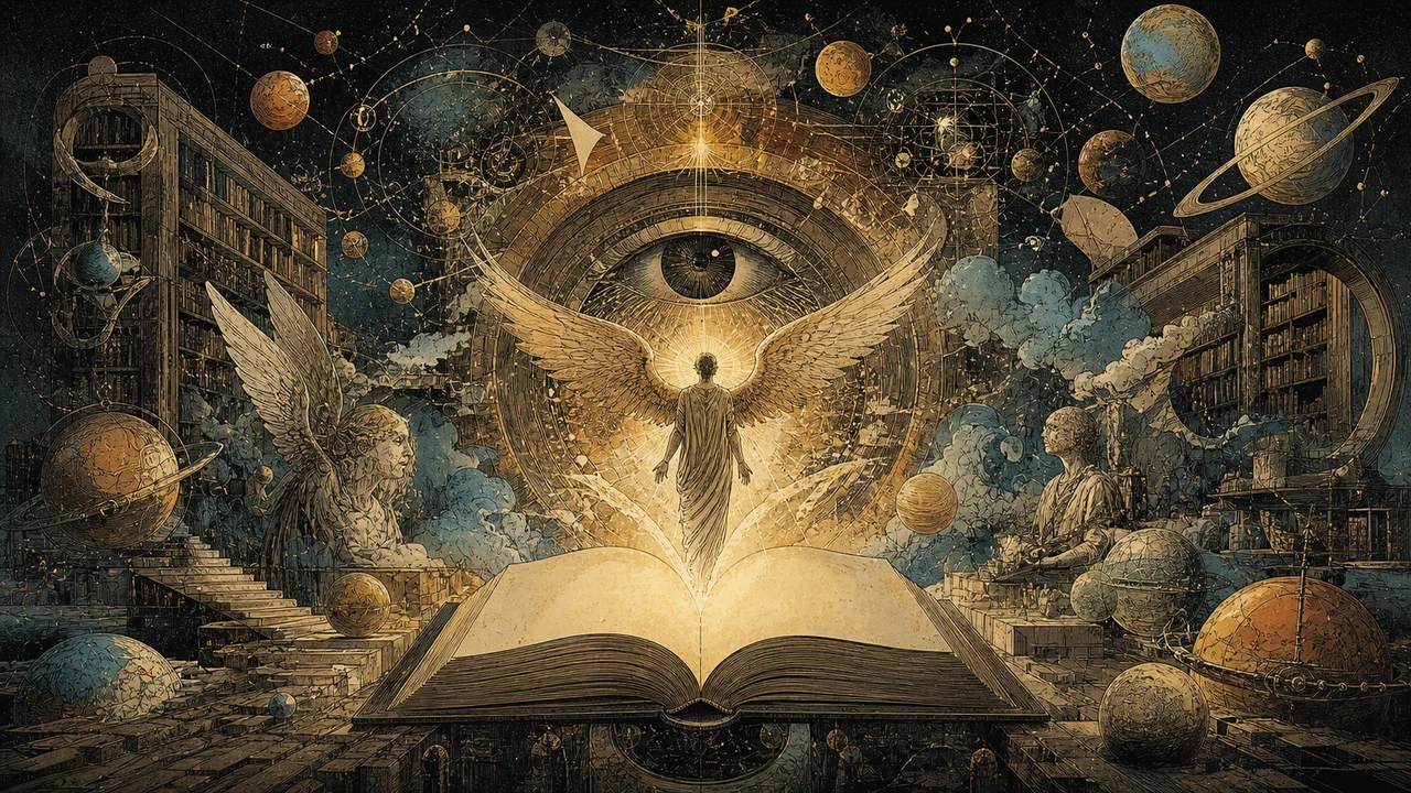 Arcángel Raziel abriendo un libro luminoso rodeado de símbolos de los misterios divinos