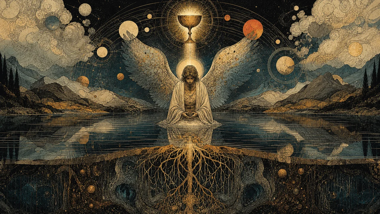 Arcángel Tzaphkiel en contemplación ante Saturno y un paisaje silencioso