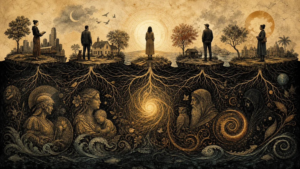 Muchas personas conectadas a un profundo campo de símbolos universales.
