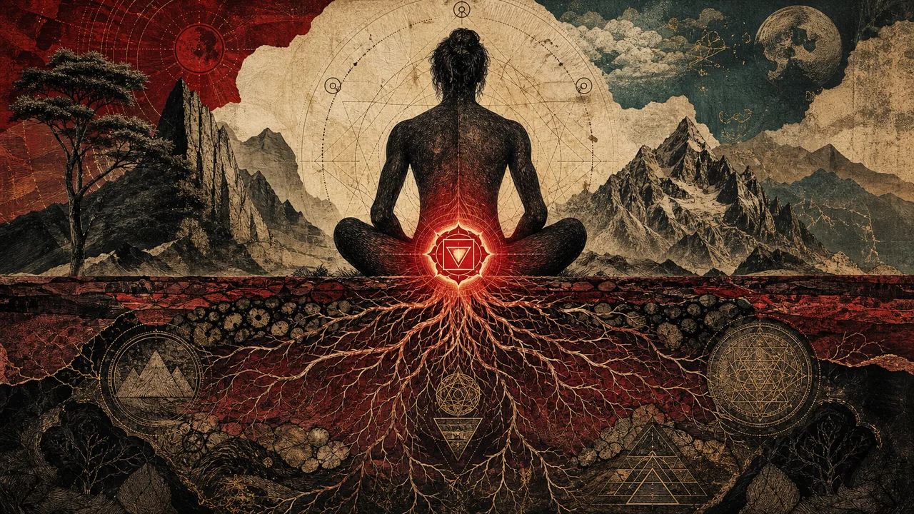 Persona meditando con energía roja en el chakra básico y raíces luminosas conectadas a la tierra.