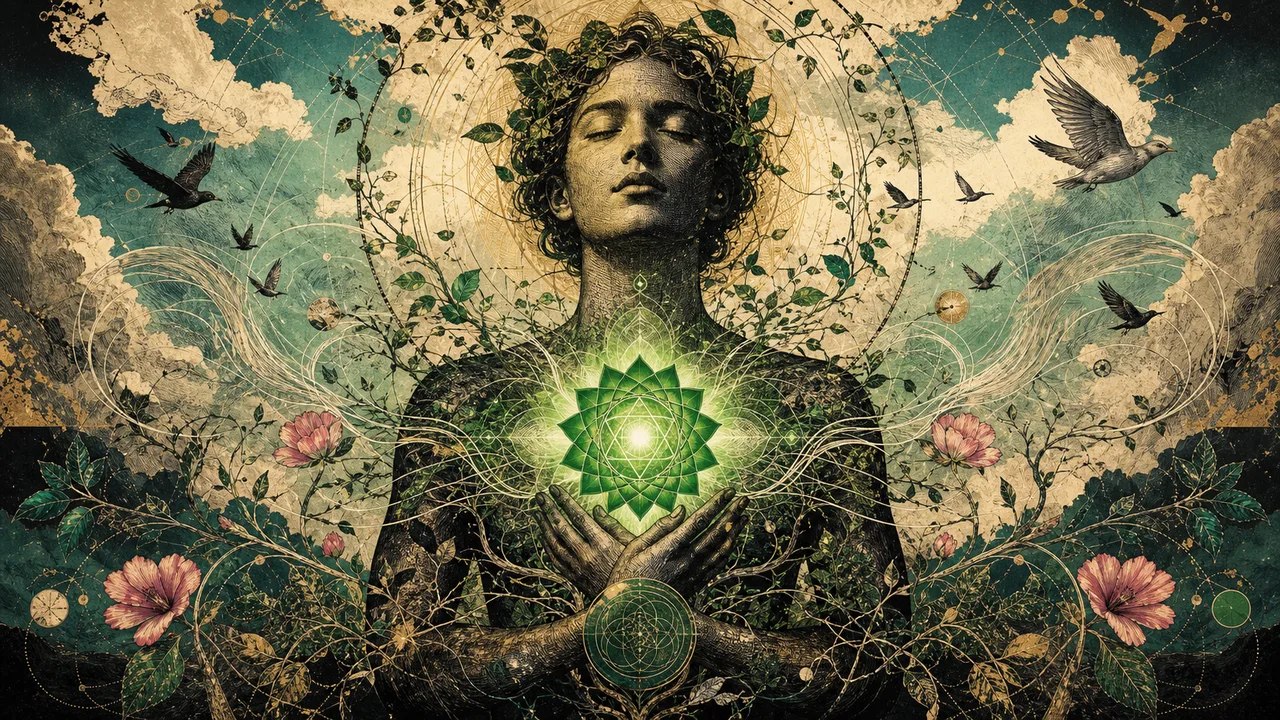 Persona meditando con energía verde y rosa en el chakra del corazón, que simboliza el amor, la compasión y el equilibrio emocional.