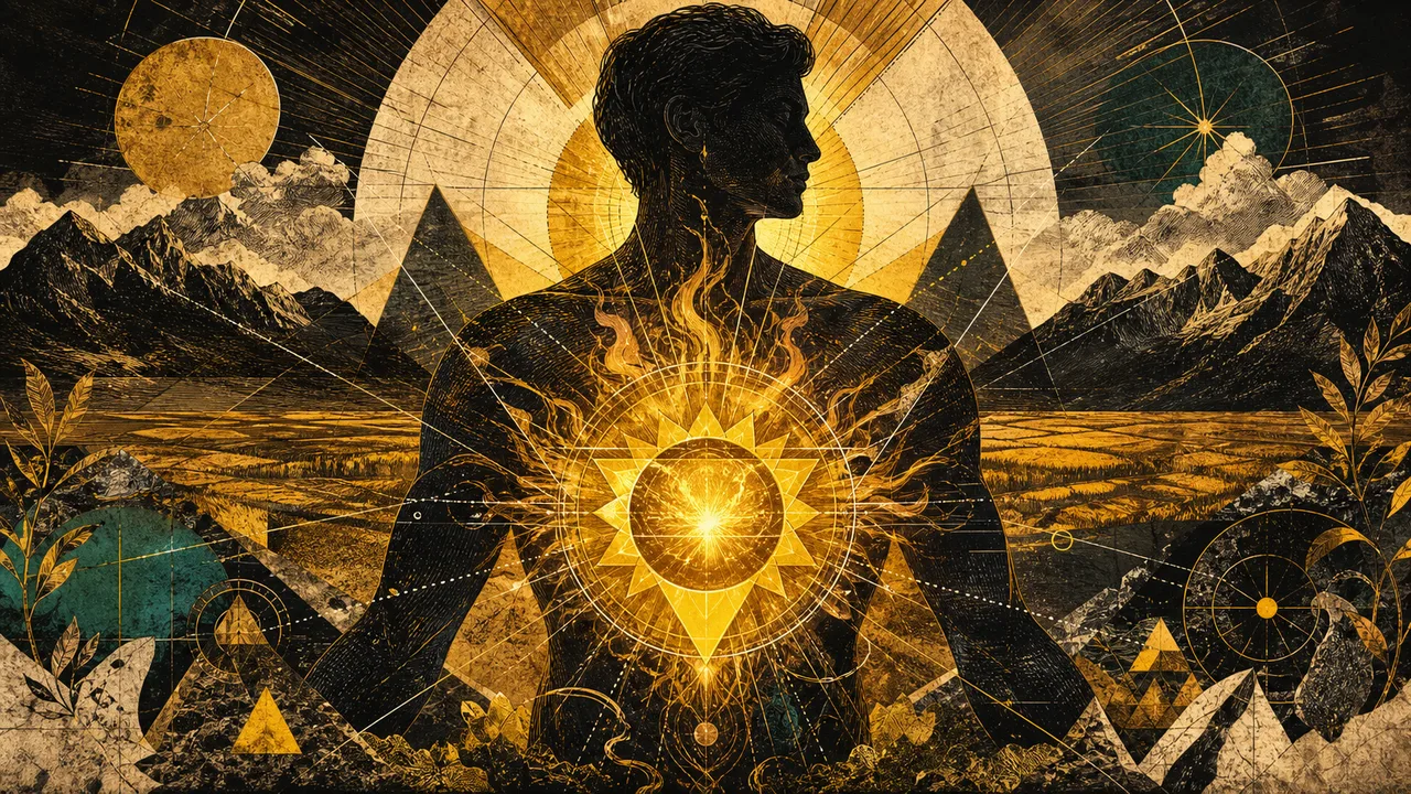 Persona meditando con energía de color amarillo dorado en el chakra del plexo solar al amanecer.