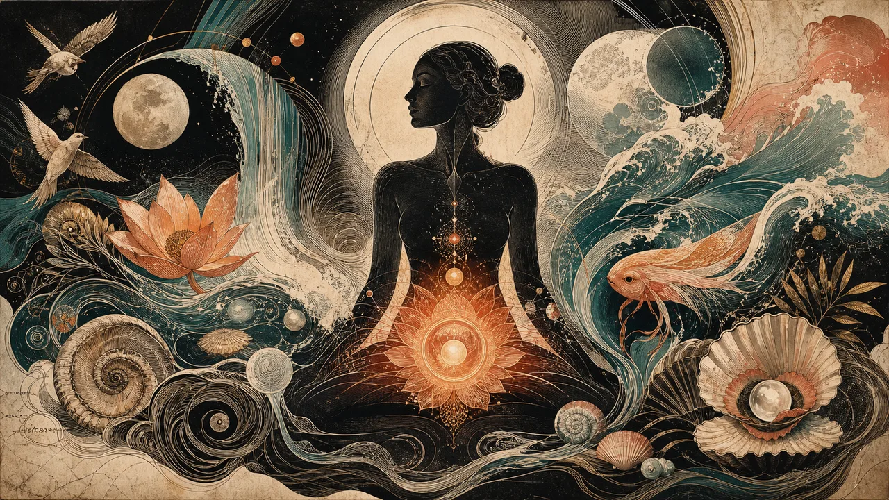 Persona meditando sobre agua con energía naranja en el chakra sexual y formas fluidas alrededor