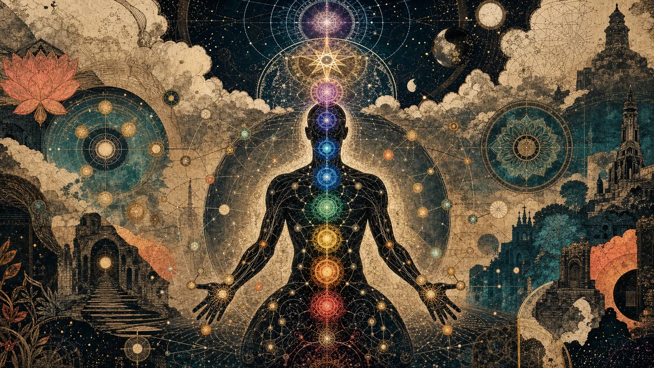 Persona meditando con siete chakras principales, centros secundarios y chakras superiores sobre la cabeza.