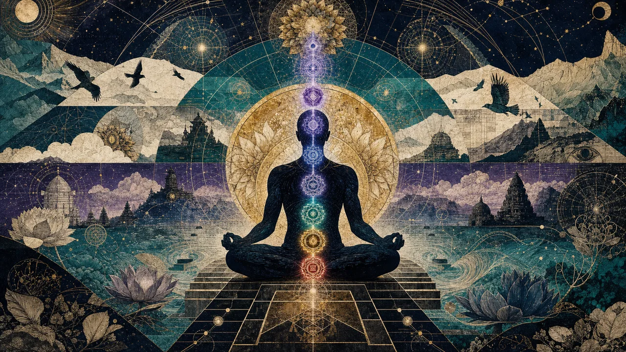 Persona meditando con chakras alineados, raíces de luz en la tierra y columna espiritual hacia el cielo.
