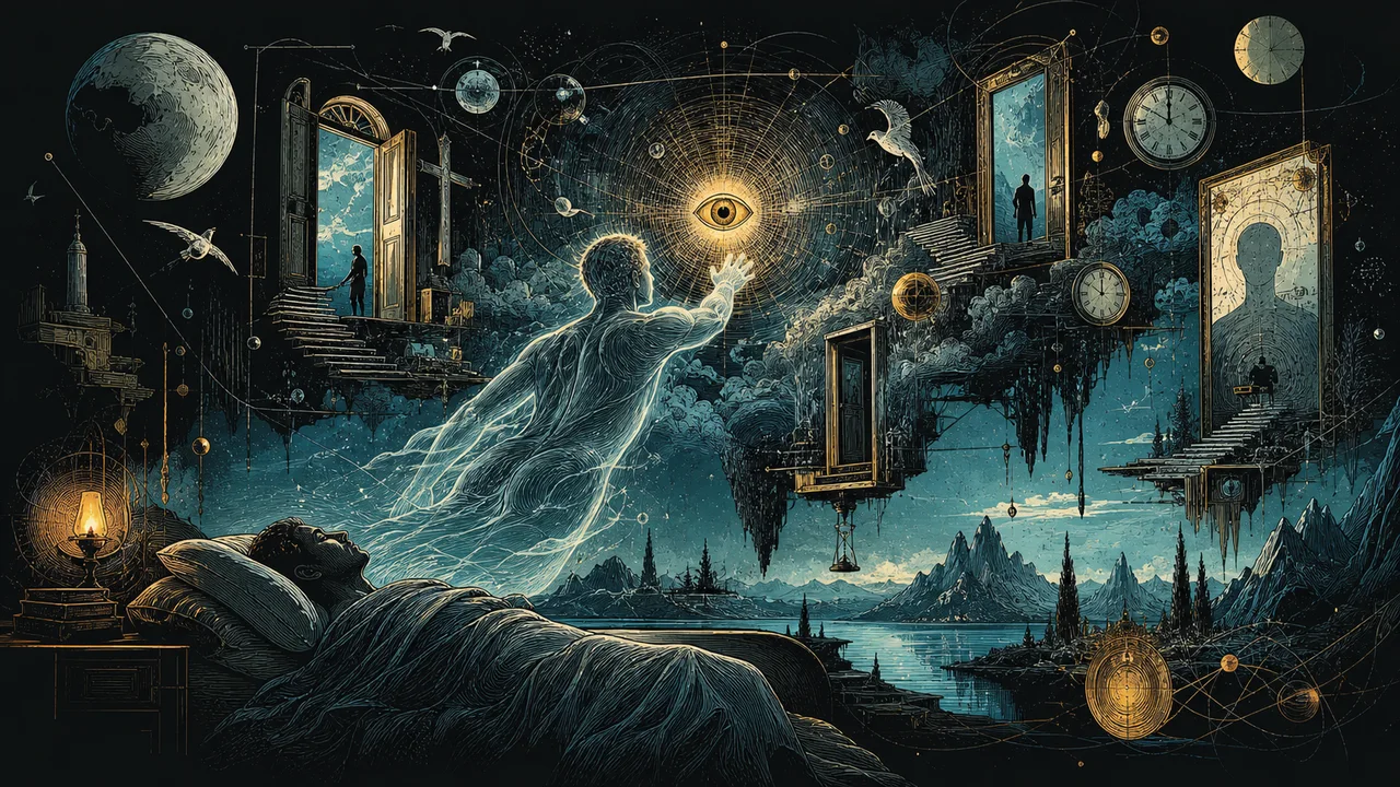 Cuerpo astral despertando lucidez ante un ojo luminoso en un paisaje simbólico azul y dorado