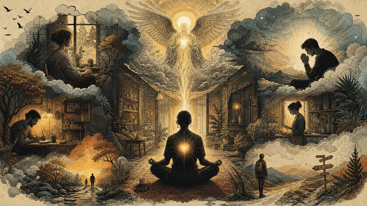 Persona en meditación ante una luminosa presencia angelical y un sencillo altar.