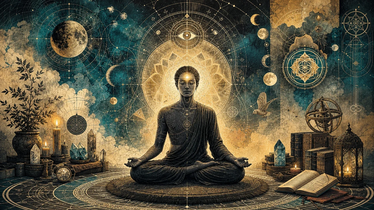 Persona meditando con luz suave en el tercer ojo y energía equilibrada alrededor