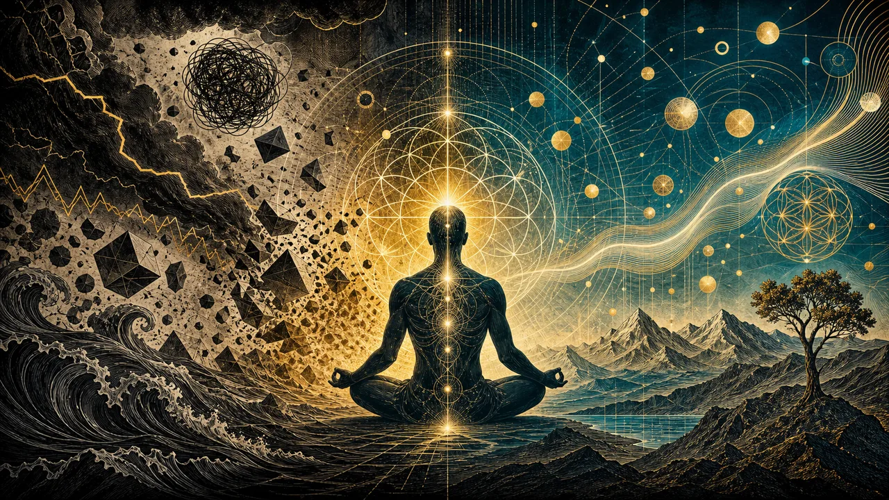 Persona meditando con campo energético organizado y luminoso.