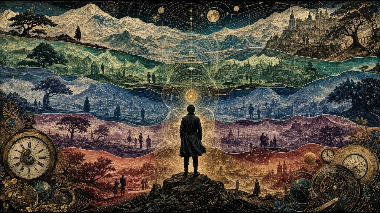 Persona meditando frente a capas luminosas que representan dimensiones, tiempo y realidades sutiles en terapia vibracional