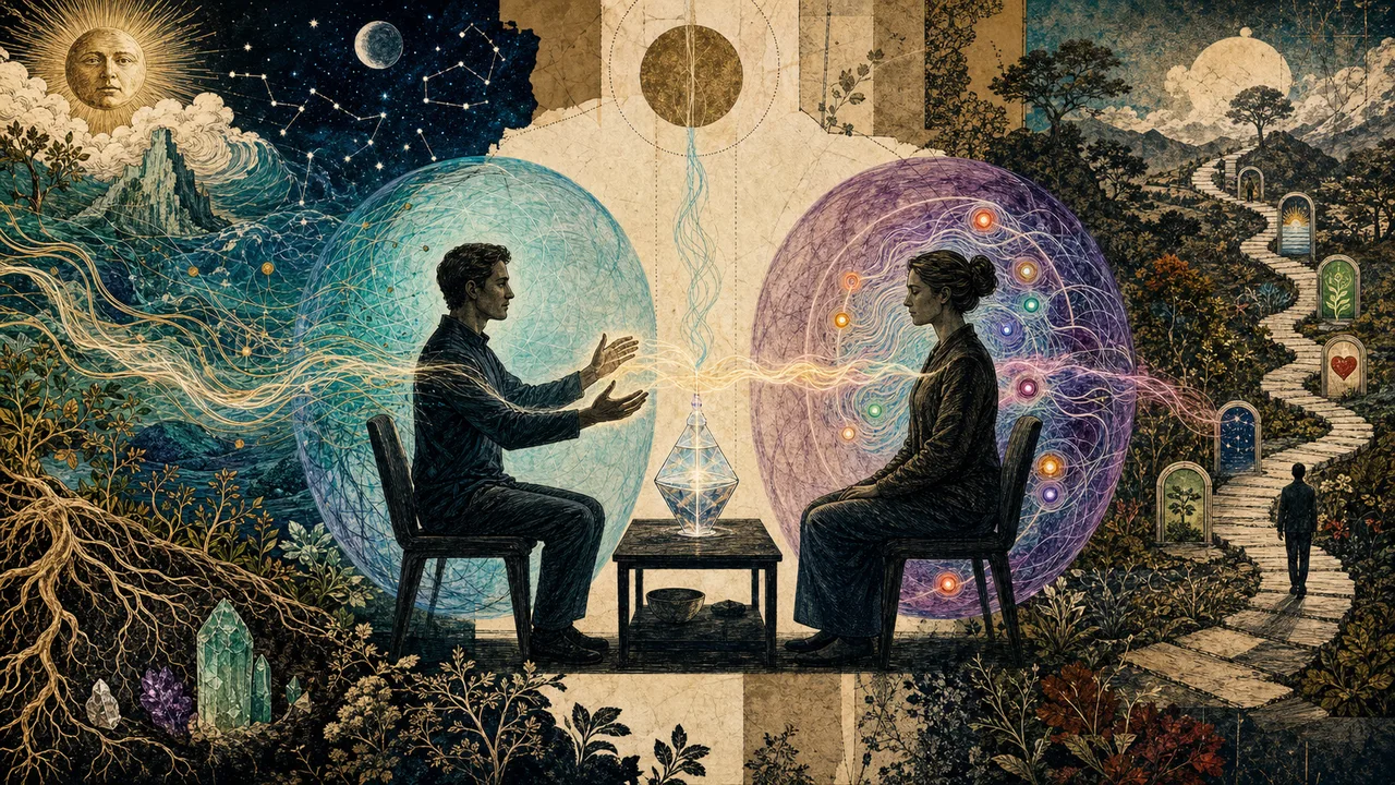 Aplicación de Reiki con energía vital organizada que fluye a través de las manos hacia el campo energético y chakras de la persona tratada.