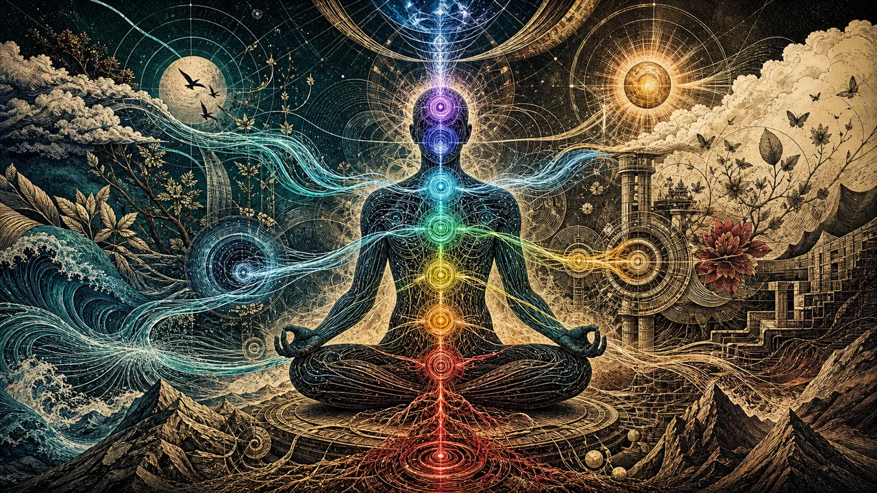 Persona meditando con chakras luminosos y flujos de energía vital circulando por el cuerpo energético.