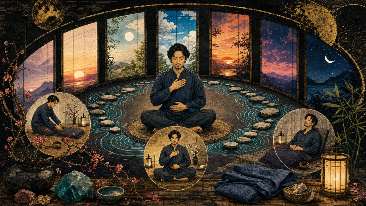 Persona que practica auto-Reiki por la mañana en un ambiente tranquilo con una luz suave en las manos y objetos rutinarios a su lado