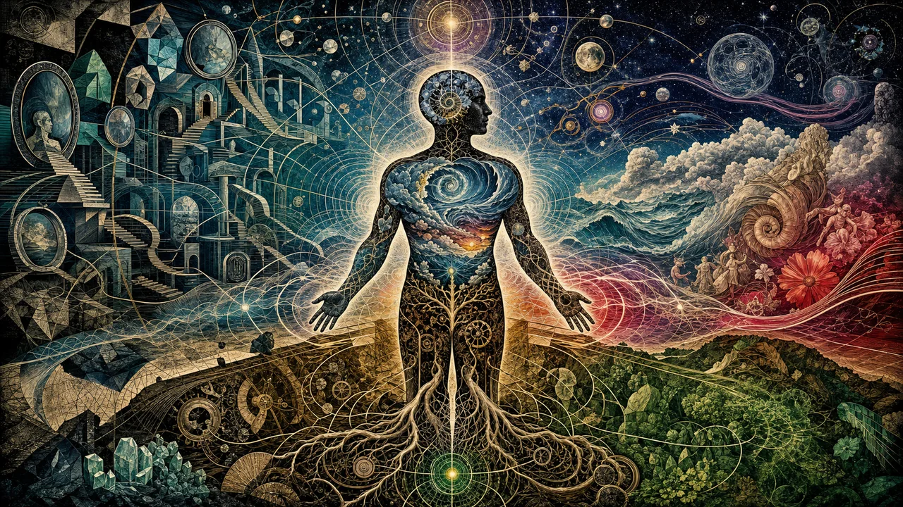 Figura humana integrada por ondas de luz que conectan cuerpo, mente, emociones y conciencia.