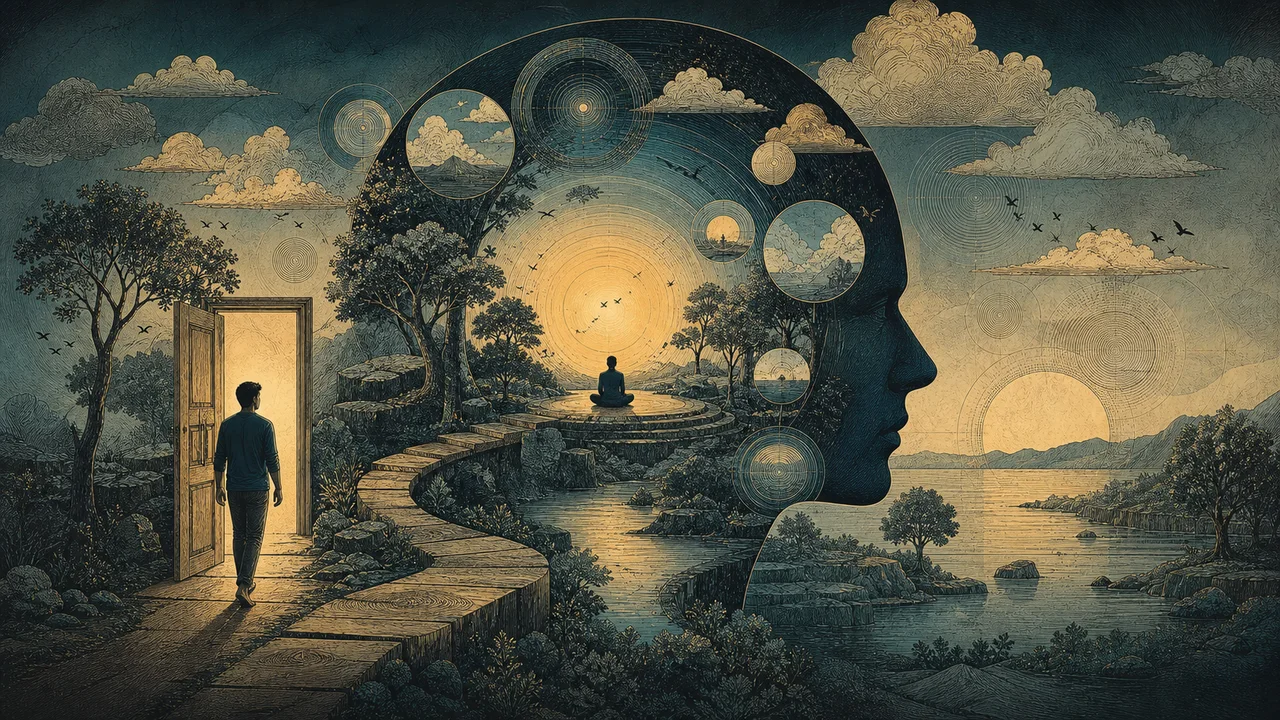 Persona que inicia una práctica sencilla de mindfulness en un ambiente tranquilo, con luz natural y elementos de rutina.