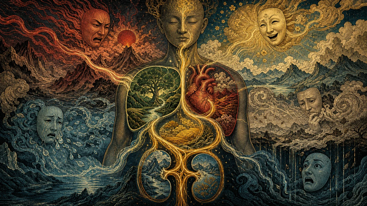 Representación surrealista de emociones, órganos y flujo de Qi en la Medicina China.