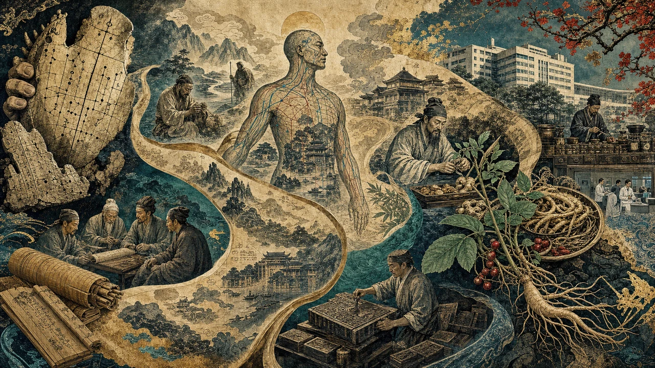 Formación histórica de la Medicina Tradicional China representada por huesos oraculares, manuscritos, hierbas, meridianos y diferentes dinastías.
