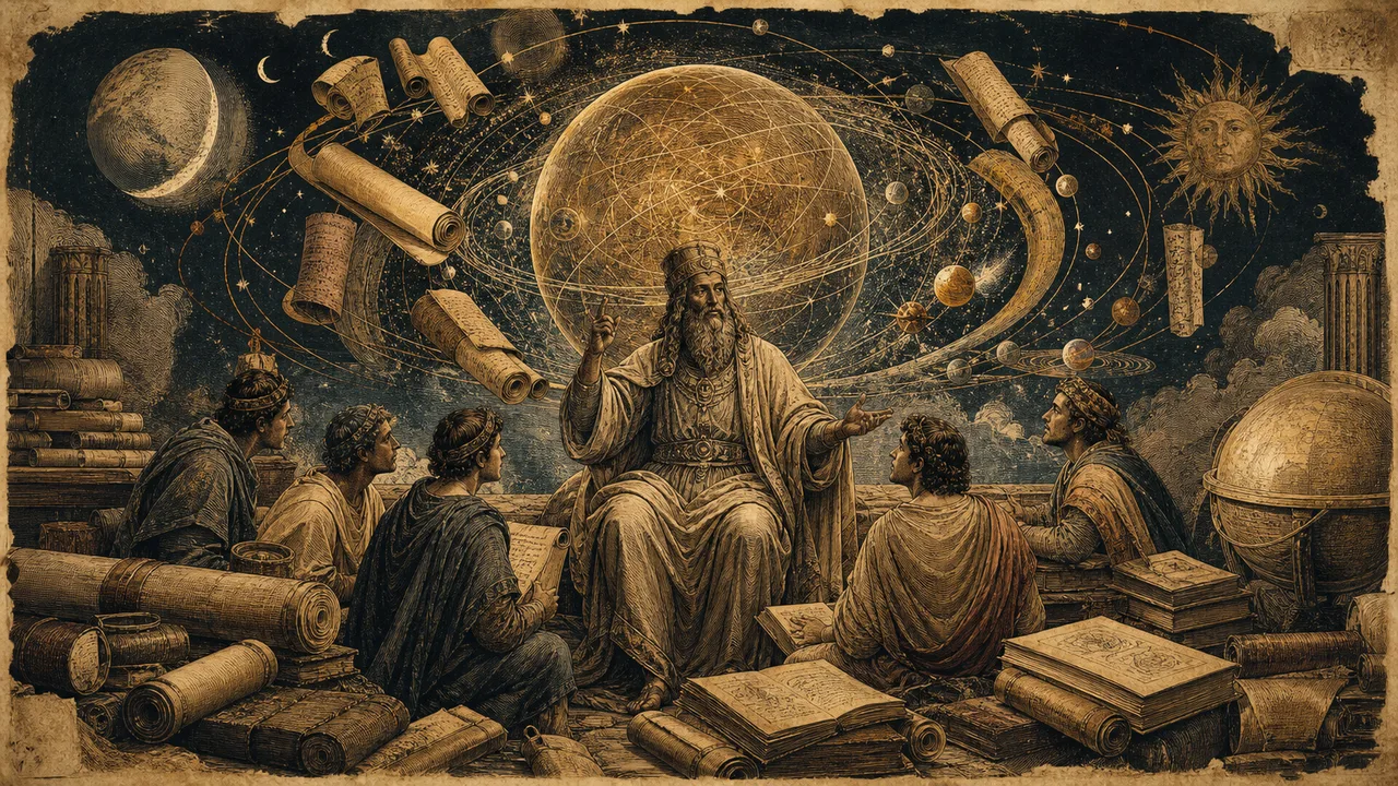 Hermes Trismegisto enseñando a sus discípulos frente a manuscritos y símbolos cósmicos del Corpus Hermeticum.