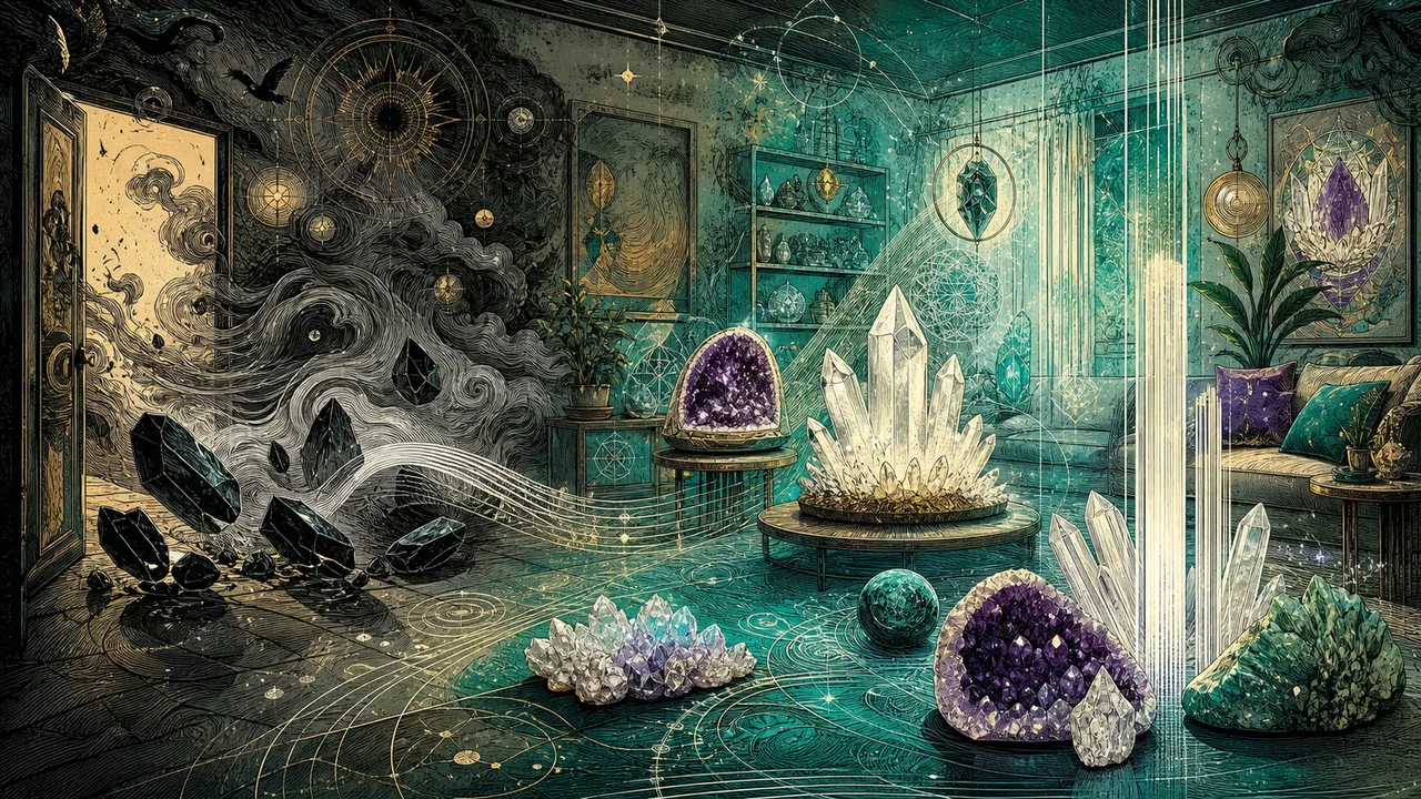 Cristales para limpiar ambientes filtrando energía densa en una sala simbólica de cristaloterapia