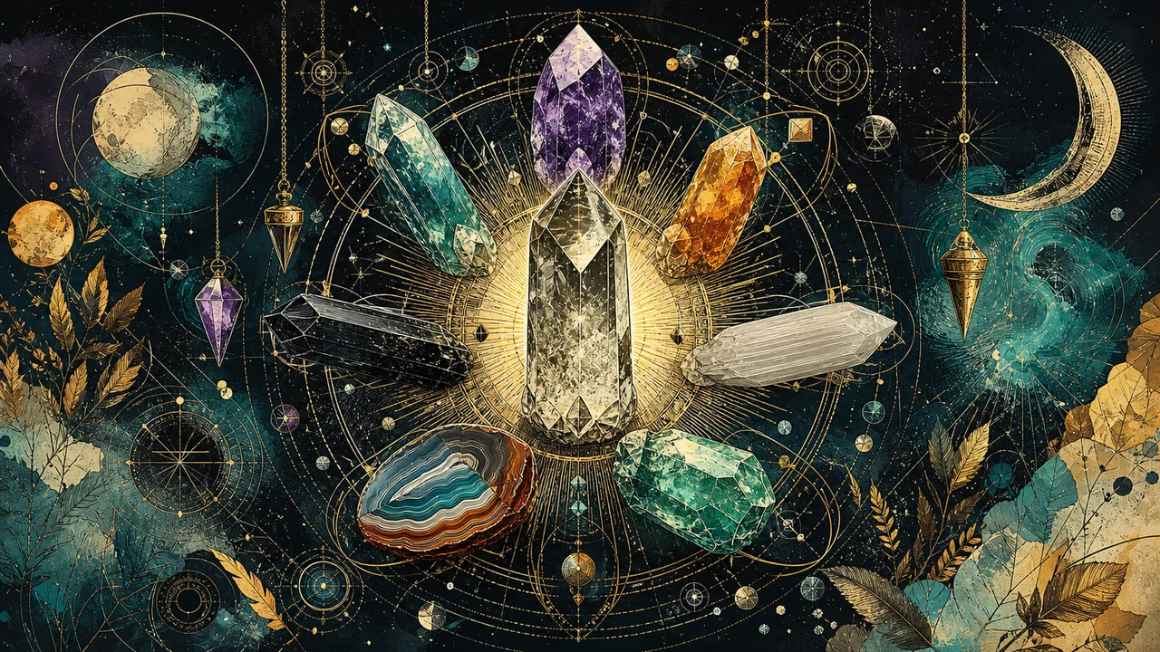 Cristales terapéuticos organizados en un mandala energético con cuarzo, amatista, citrino, turmalina negra y símbolos de cristaloterapia.