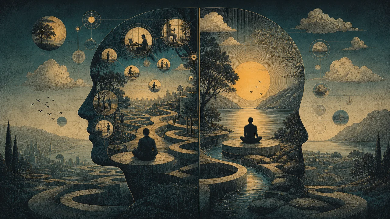 Persona meditando con escenas de atención plena en la vida cotidiana a su alrededor, que representan la diferencia entre atención plena y meditación.