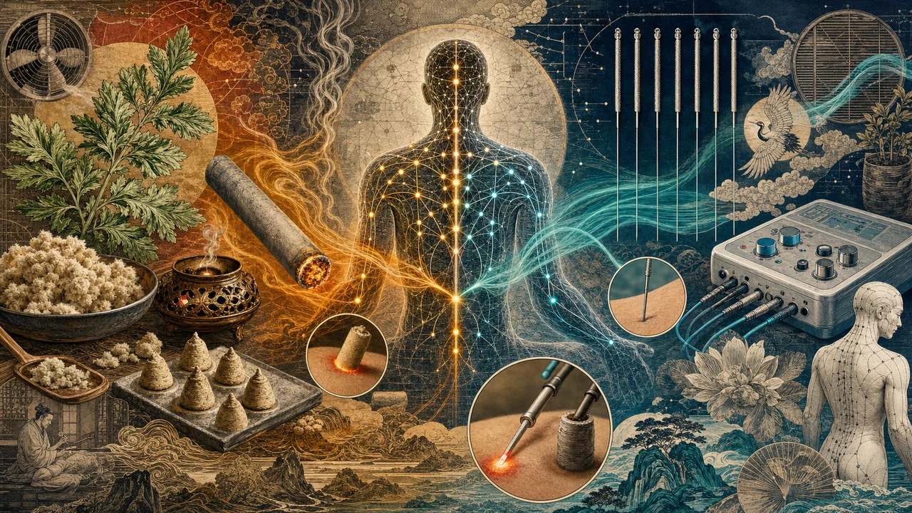 Composición surrealista que compara moxoterapia, moxibustión y acupuntura.