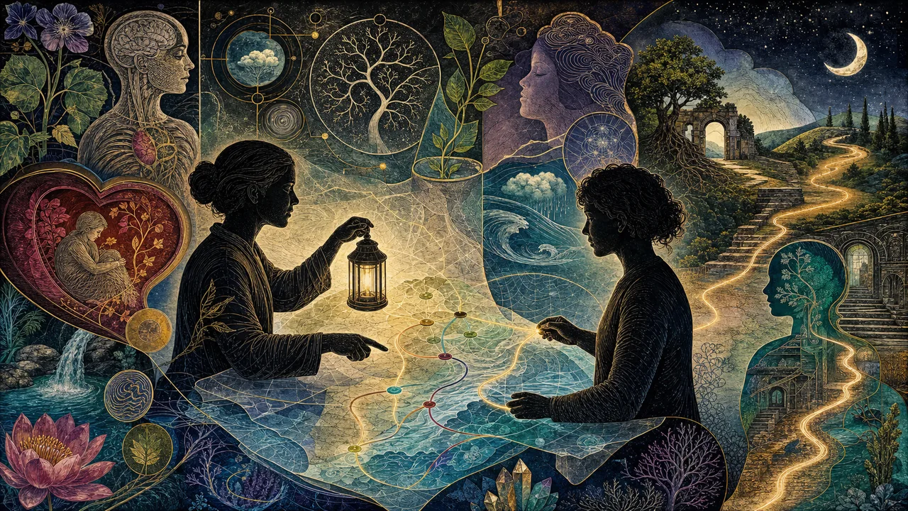 Terapeuta vibracional guiando a una persona con un campo de energía luminosa durante una sesión responsable