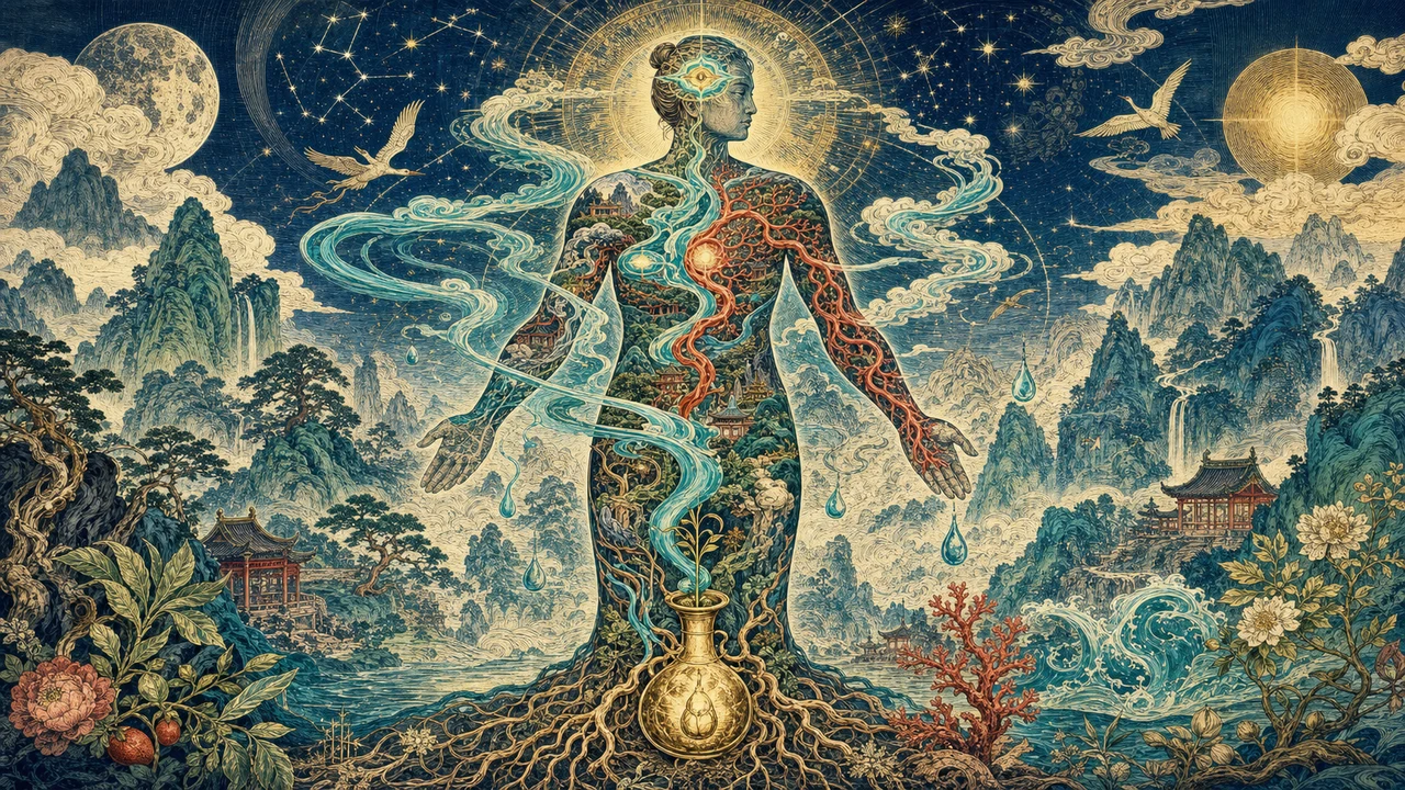Representación de las cinco sustancias vitales Jing, Qi, Xue, Jin Ye y Shen integradas en el cuerpo humano.