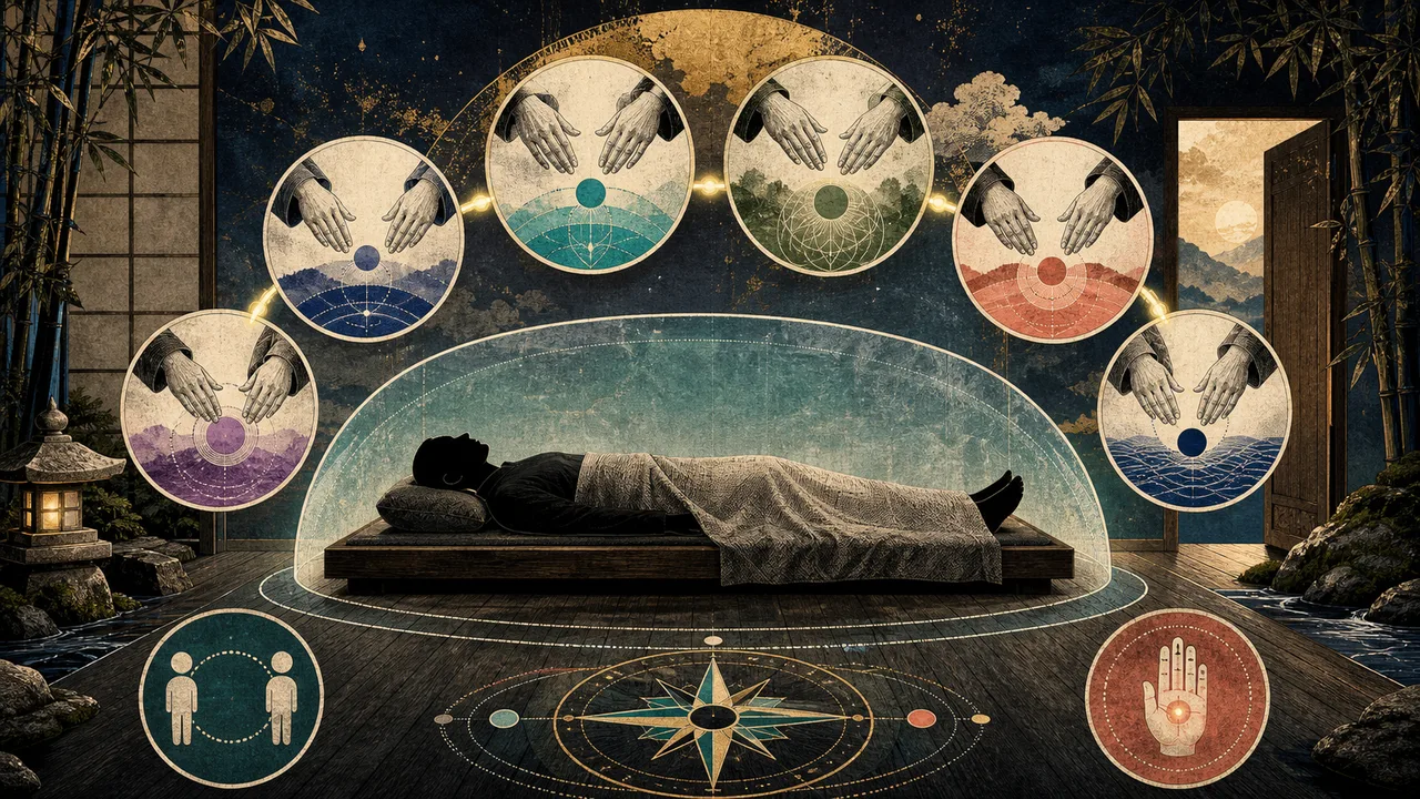 Aplicación de Reiki con practicante colocando las manos sobre el cuerpo en una sesión respetuosa y organizada.