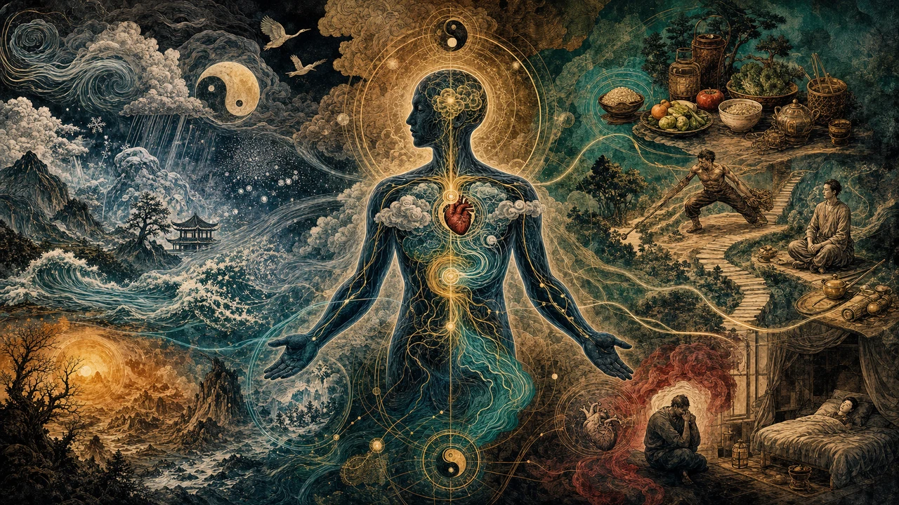 Representación surrealista de las tres principales causas de enfermedad en la Medicina China.