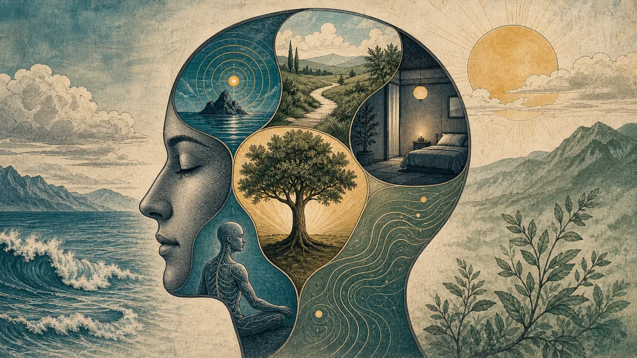 Persona en pausa consciente con símbolos sutiles de concentración, respiración, descanso y equilibrio emocional.