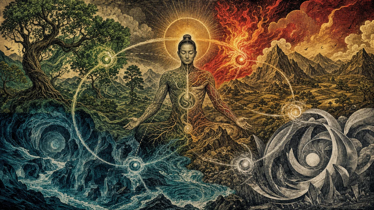 Representación surrealista de los cinco movimientos de la medicina china.