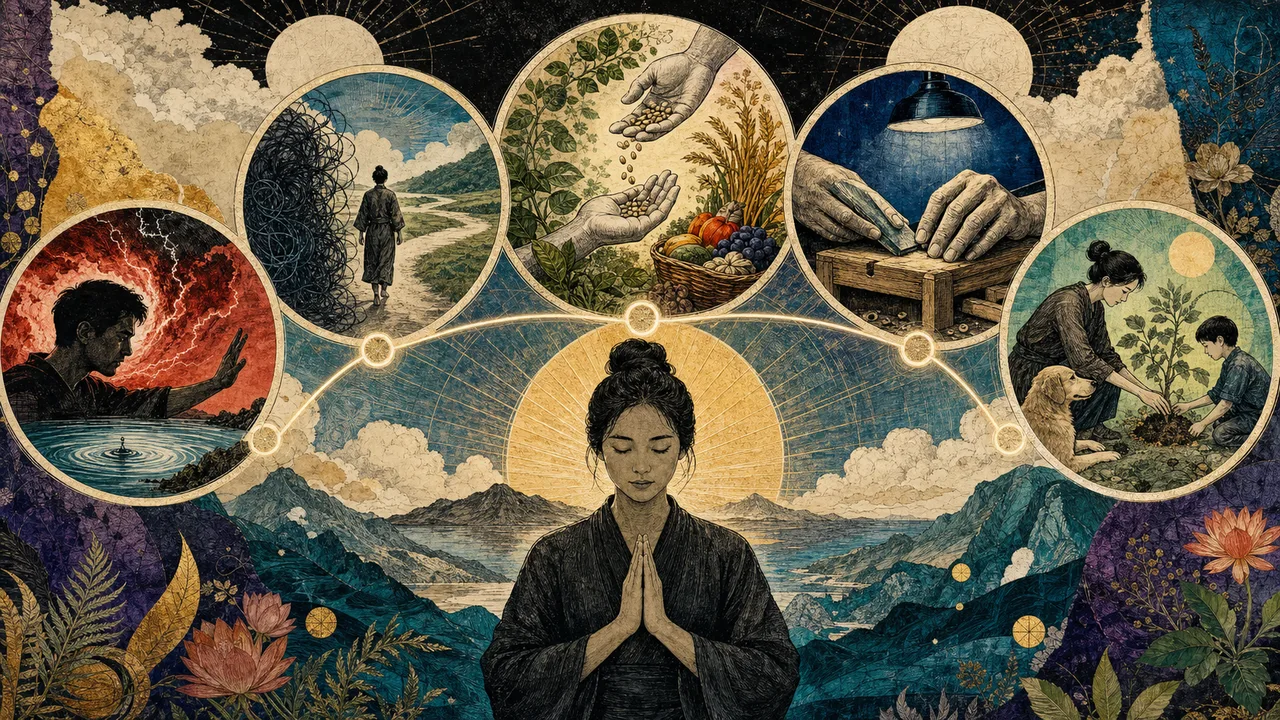 Practicante de Reiki en Gassho con cinco símbolos luminosos que representan calma, confianza, gratitud, honestidad y bondad.