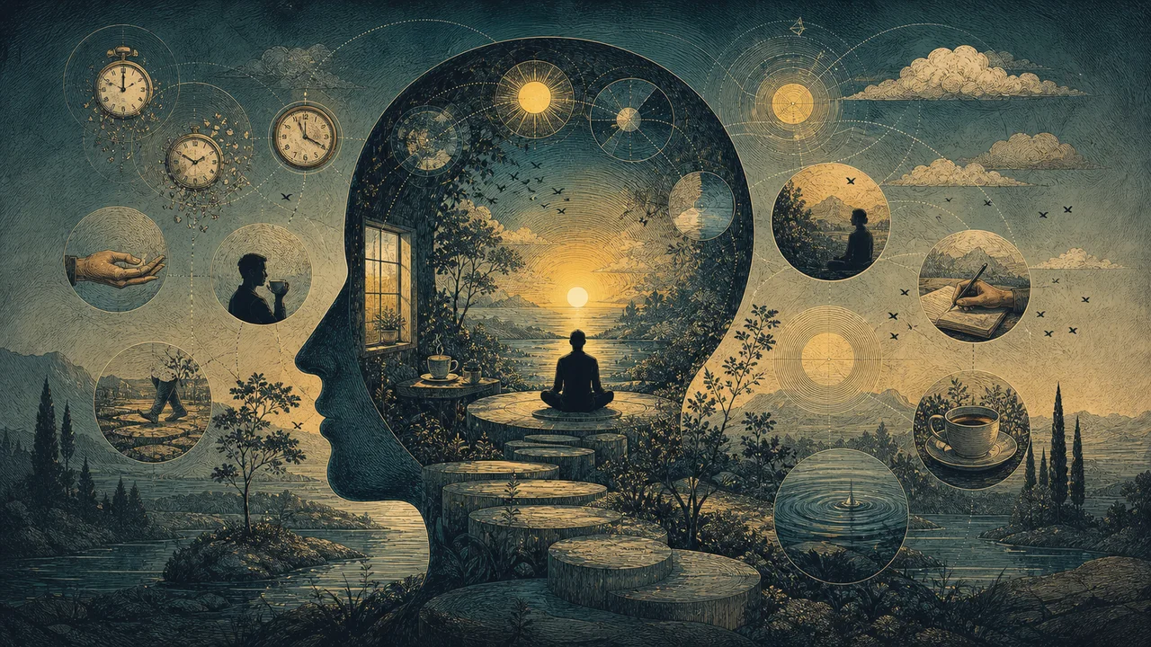 Persona que practica mindfulness en una rutina tranquila con un simple reloj, que representa la constancia diaria