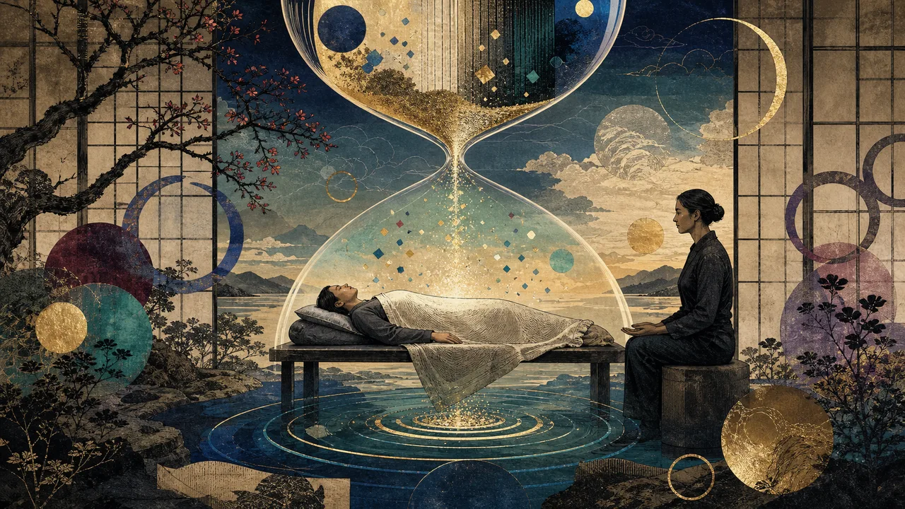 Sesión de Reiki en un ambiente tranquilo con un practicante aplicando energía y un reloj de arena en el fondo que representa la duración de la sesión.