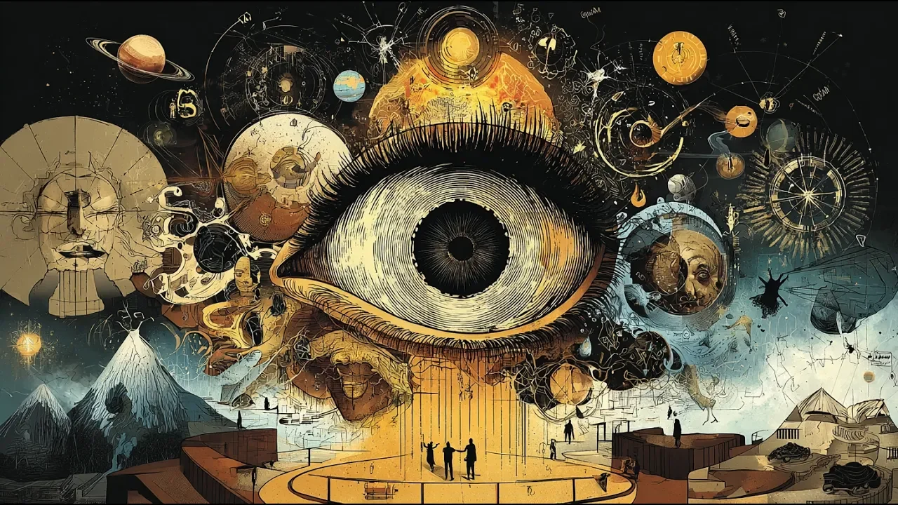 Ojo central rodeado de símbolos de la ciencia, el cosmos y el conocimiento humano.