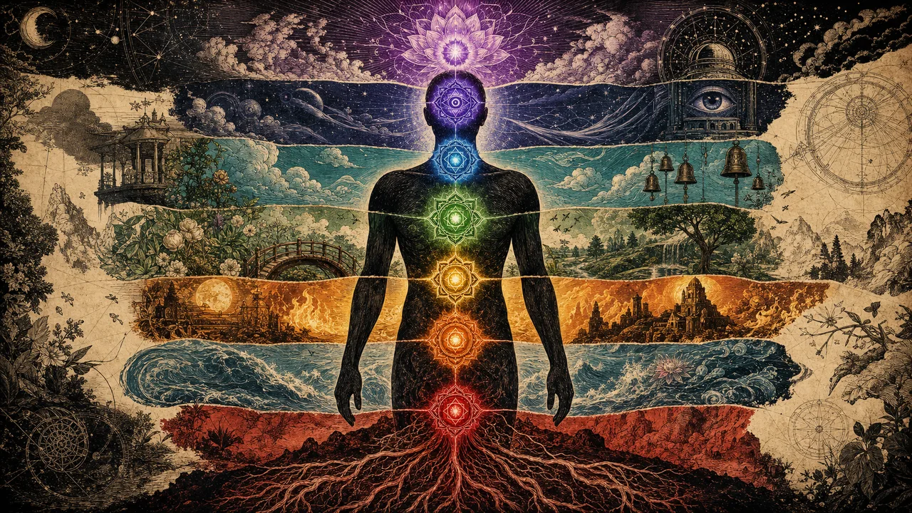 Persona meditando con siete chakras alineados y un campo de energía alrededor del cuerpo.