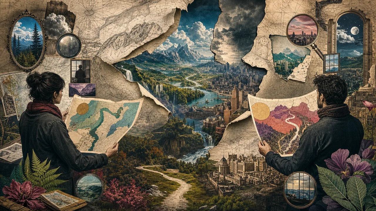 Persona que compara un paisaje real con un mapa mental simbólico sobre la mesa