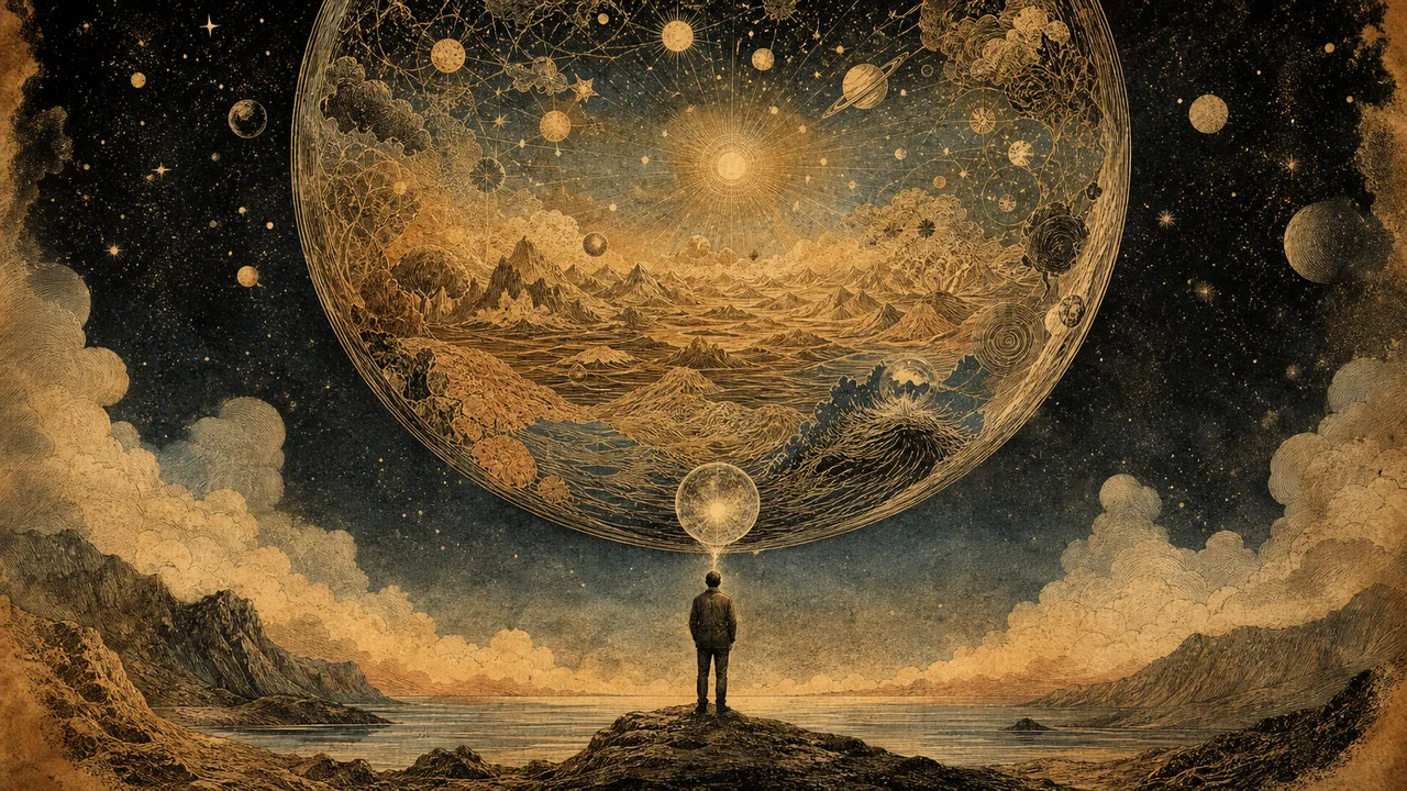 Figura humana frente a una esfera luminosa más grande que representa la diferencia entre la mente individual y la Mente Universal.