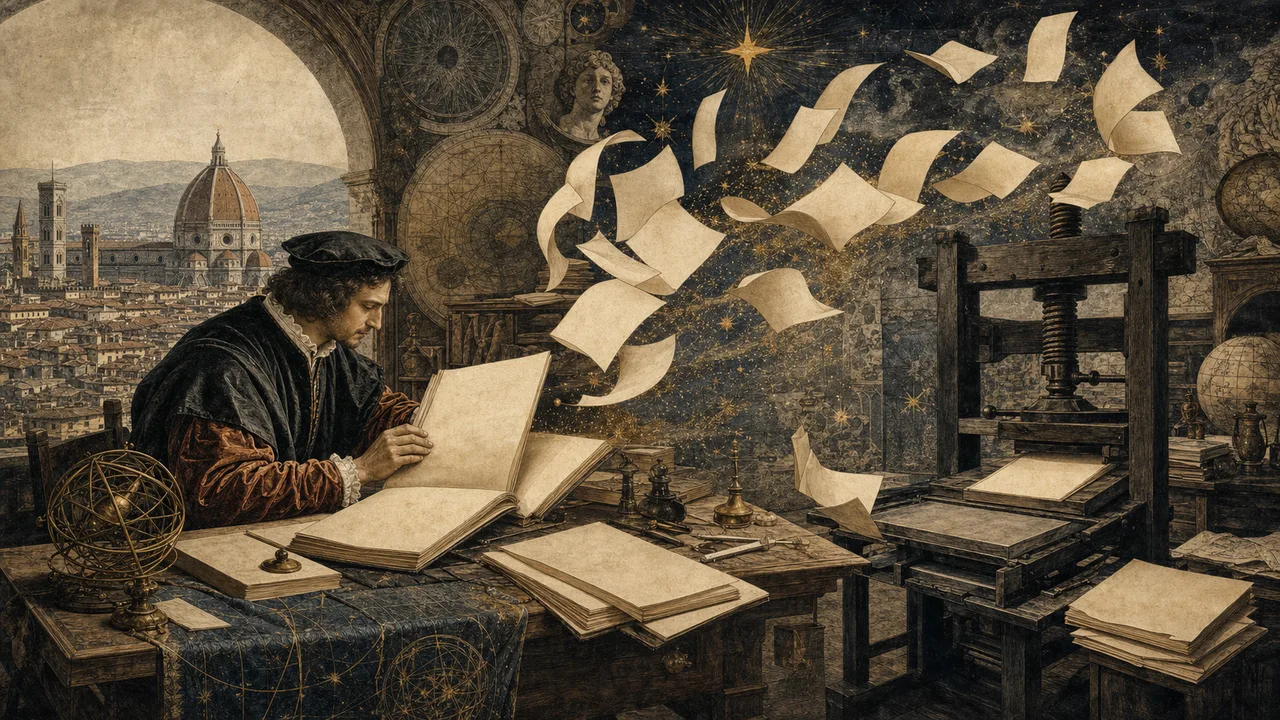 Humanista renacentista frente a manuscritos griegos y una imprenta que representa la difusión del hermetismo.