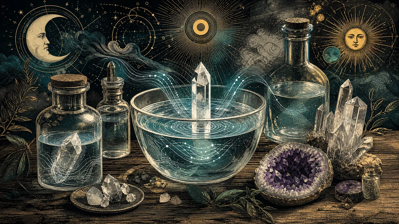 Elixires de cristal con agua, cuarzo y geoda que transmiten energía en una composición simbólica de cristaloterapia