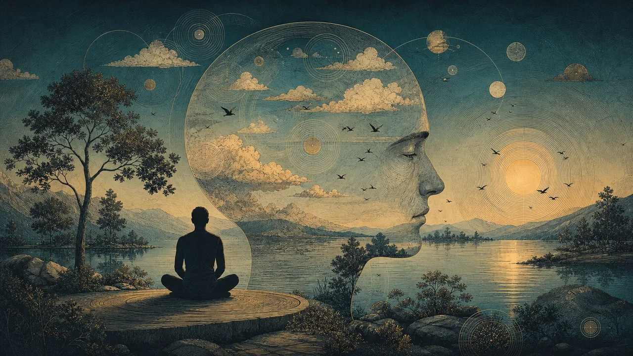 Persona que practica atención plena mientras los pensamientos pasan como suaves nubes, lo que demuestra que la mente no necesita estar vacía.