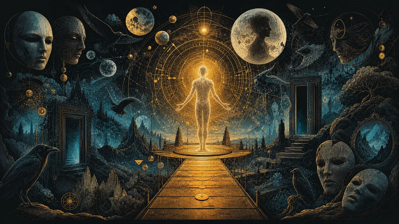Cuerpo astral luminoso conectado al cuerpo físico durante una proyección segura, rodeado de luz protectora