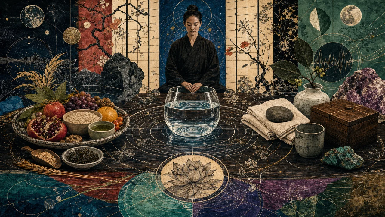 Manos aplicando Reiki a un vaso de agua, comida, cristal, libro y objeto personal sobre una mesa iluminada