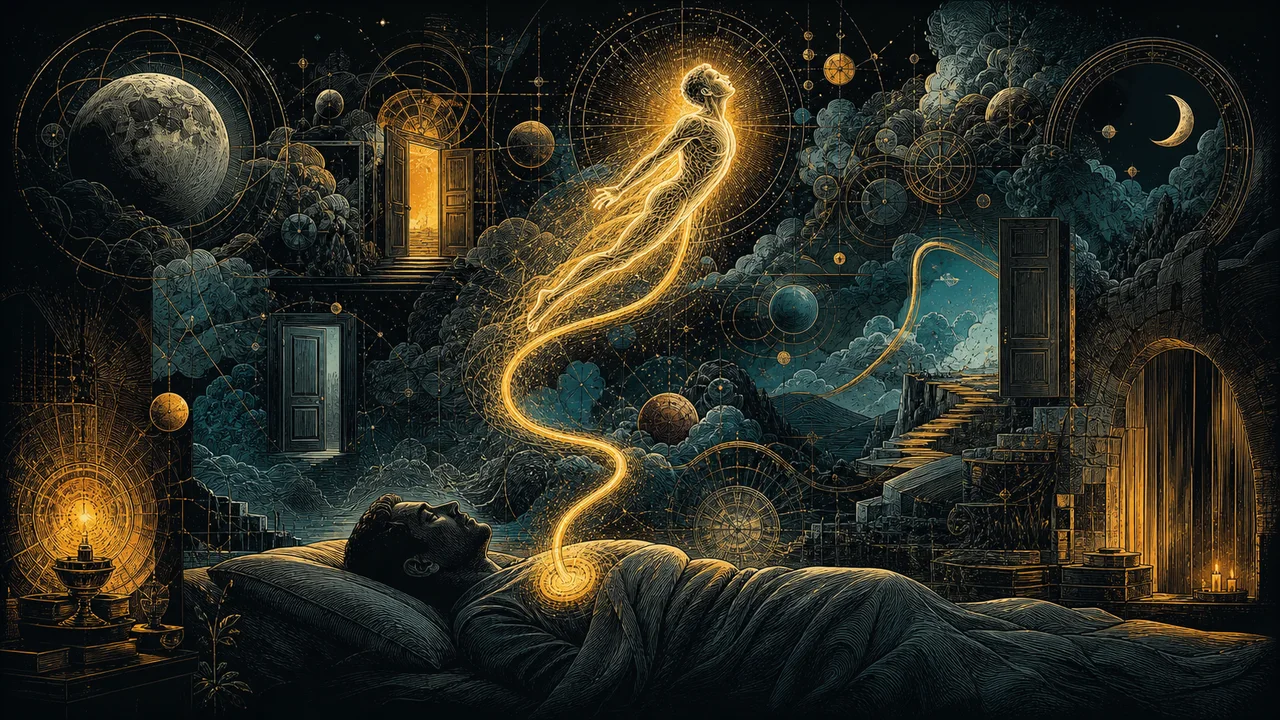 Cuerpo astral luminoso que regresa al cuerpo físico mediante una conexión de luz durante una proyección astral segura