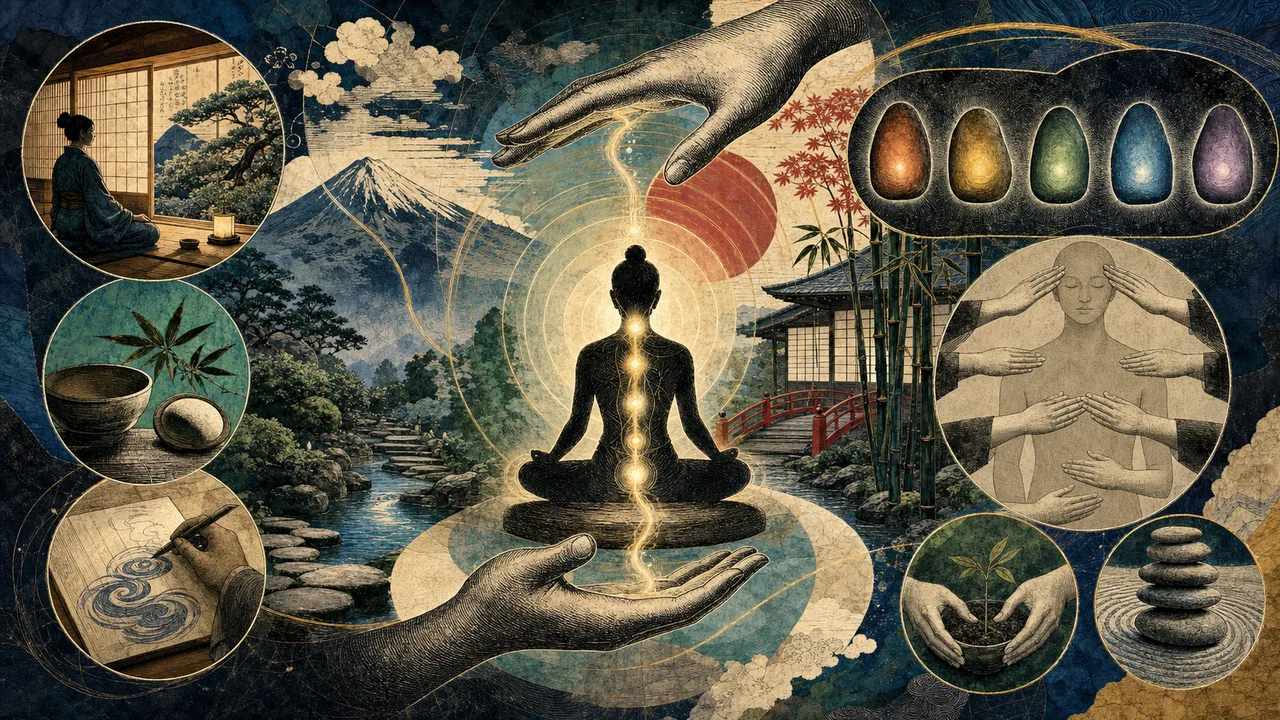 Manos colocadas sobre el cuerpo durante una aplicación de Reiki, con una luz suave alrededor