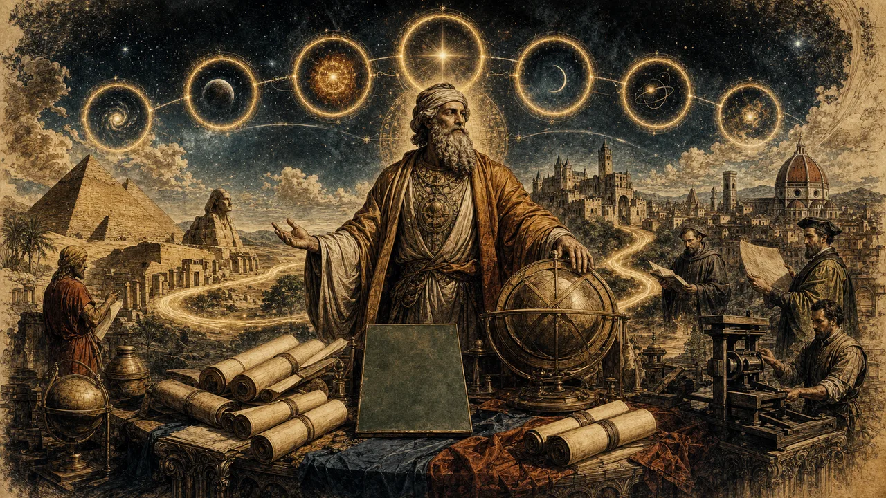 Hermes Trismegisto frente a un cosmos simbólico que reúne enseñanzas antiguas y las siete leyes herméticas.