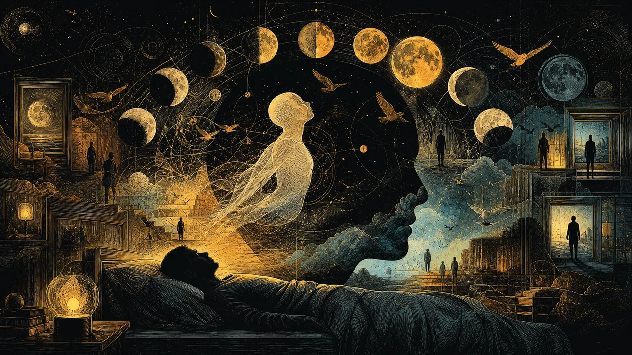 Cuerpo astral proyectándose durante el sueño en una composición simbólica con lunas, relojes y paisajes nocturnos.